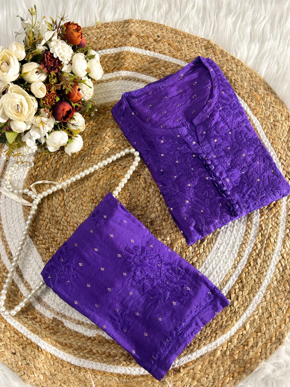 AAI Planet Chanderi Coord Set vibrant royal purple With Chikan Work